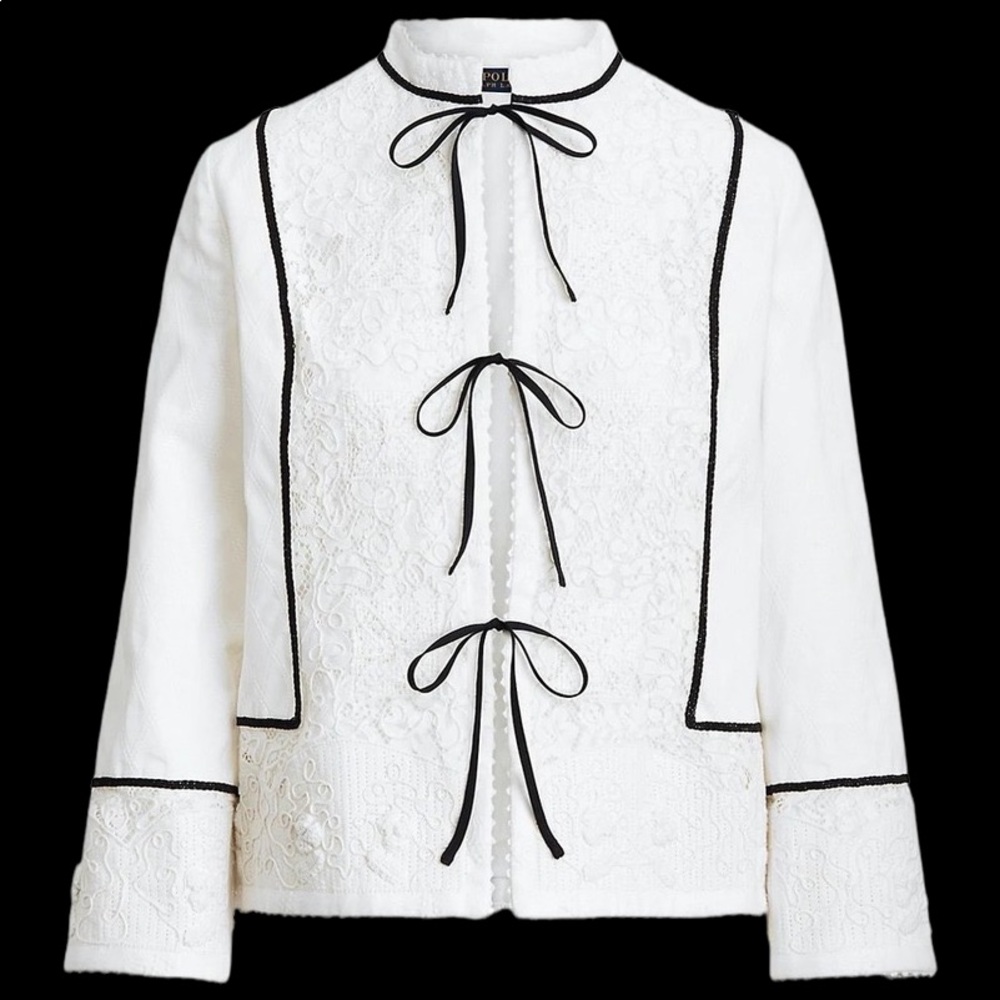 POLO RALPH LAUREN COTTON TWILL LACE JACKET WHITE BLACK WOMENS SIZE XS NEW